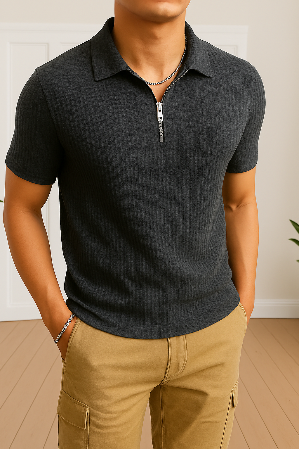 Dark Grey Waffle Knit Polo